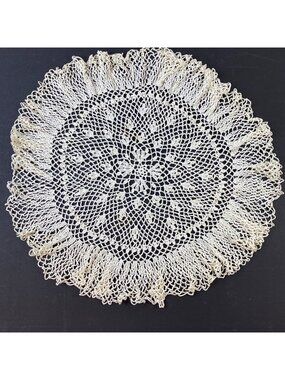 Vintage Ivory Hand Crocheted Circular Doily With Intricate Floral Lace Pattern